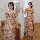 Short-sleeve Off-shoulder Floral Print Maxi A-line Dress