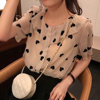 Set: Short-sleeve Heart Print Chiffon Blouse + Camisole