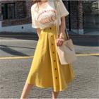 Printed Elbow-sleeve T-shirt / Buttoned A-line Skirt / Set