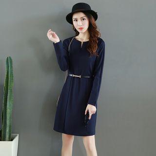 Long-sleeve Notched-neck Dress
