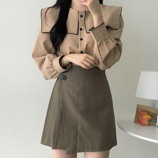 Set: Long-sleeve Contrast Trim Wide Collar Buttoned Top + Asymmetric A-line Mini Skirt