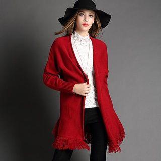 Fringe-hem Plain Long Cardigan