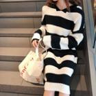 Hood Striped Midi Cable Knit Dress