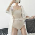 Spaghetti Strap Knit Swimsuit / Elbow-sleeve Cover-up / Set