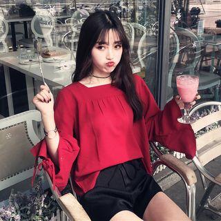 Bell-sleeve Square-neck Tie-up Top