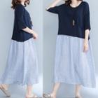 Striped Panel Elbow-sleeve Midi Dress