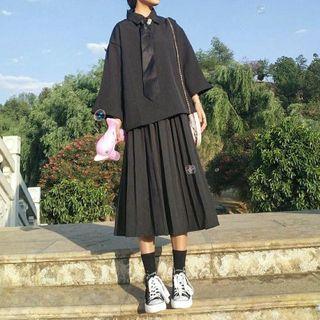 Long-sleeve Shirt / Tie / Pleated A-line Midi Skirt / Set