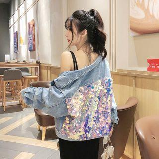Sequined Denim Jacket / Knit Spaghetti-strap Midi Dress