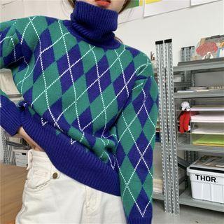 Argyle Turtleneck Sweater Blue & Green - One Size