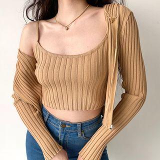 Set : Sleeveless U-neck Striped Camisole + Long-sleeve Plain Hooded Cardigan