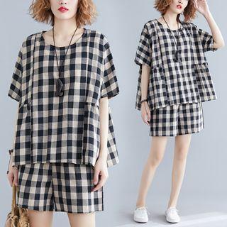 Set: Checked Elbow-sleeve Blouse + Shorts