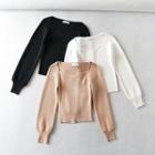 Long-sleeve Square-neck Ribbed Plain Knit Top