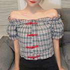Plaid Off-shoulder Puff-sleeve Blouse As Shown In Figure - One Size