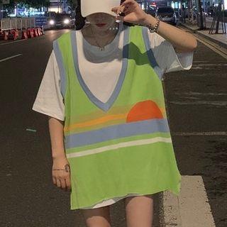 Striped V-neck Vest / Short Sleeve T-shirt