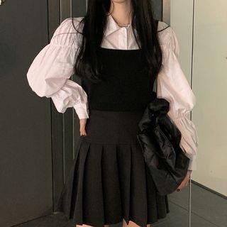 Long-sleeve Shirt / Mini A-line Pleated Skirt / Spaghetti Strap Top