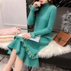 Long-sleeve Frill Trim Midi Knit Dress