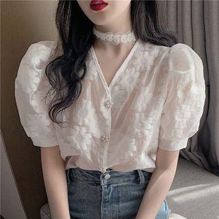 Puff-sleeve Embellished Floral Print Top
