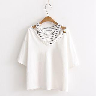 Mock Two-piece Striped Panel Smiley Face Embroidered T-shirt White - One Size