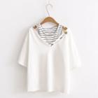 Mock Two-piece Striped Panel Smiley Face Embroidered T-shirt White - One Size