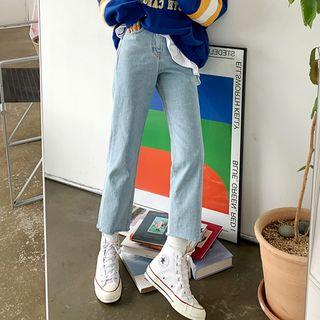 Fray-hem Napped Straight-cut Jeans