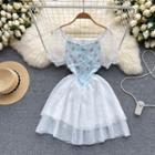 Short-sleeve Square-neck Floral Panel Mesh Lace Dress