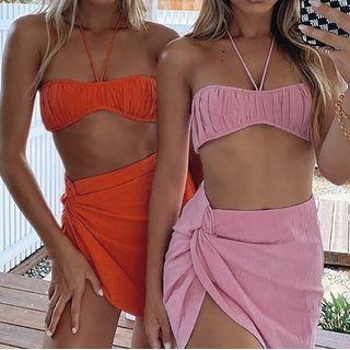 Set: Halter Cropped Camisole Top + Twisted Slit Mini Pencil Skirt