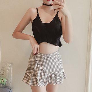 Set: Ruffle Trim Tankini Top + Plaid Swim Skirt