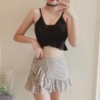 Set: Ruffle Trim Tankini Top + Plaid Swim Skirt