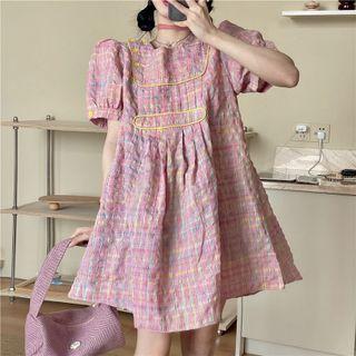 Short-sleeve Plaid Mini A-line Dress Plaid - Pink - One Size