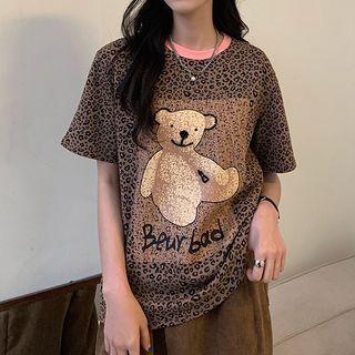 Short-sleeve Bear Print Leopard Print T-shirt