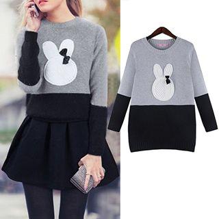 Rabbit Appliqu  Two-tone Sweater