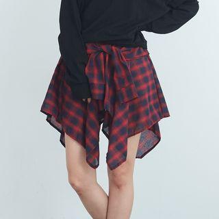 Lace-up Asymmetric Plaid A-line Skirt