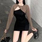 Long-sleeve Shrug / Sleeveless One-shoulder Mini Bodycon Dress