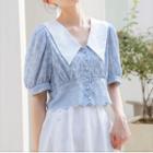 Short-sleeve Wide Collar Heart Pattern Blouse