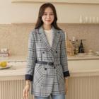 Double-breasted Contrast-trim Belted Plaid Blazer