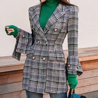 Plaid Double-breasted Blazer/ Turtleneck Sweater