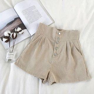 Plain Single-breasted High-waist Corduroy Shorts