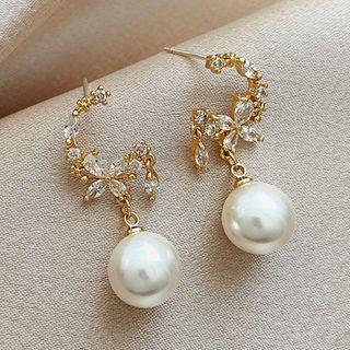 Rhinestone & Faux Pearl Drop Earring 1 Pair - Gold Plating - As Shown In Figure - One Size