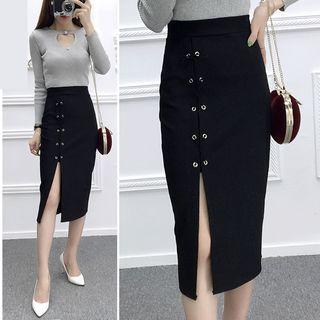 Lace-up Fitted Midi Skirt