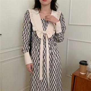 Long-sleeve Pattern A-line Dress Pattern - Black & White - One Size