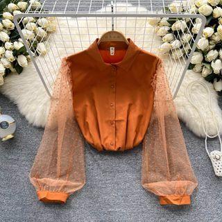 Bubble Long-sleeve Lapel Sheer Dots Panel Shirt Top
