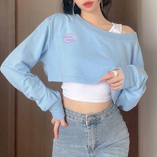 Set: Crop Tank Top + Letter Embroidered Cropped Sweatshirt