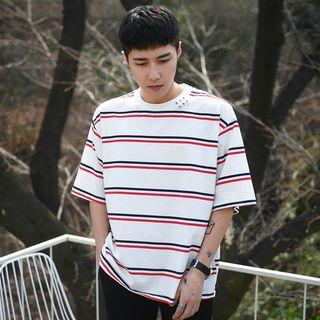 Safety Pin Detail Striped Elbow-sleeve T-shirt