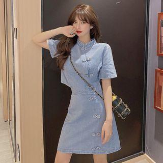 Set: Short-sleeve Frog-buttoned Stand Collar Top + A-line Mini Skirt