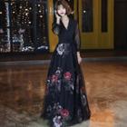 3/4-sleeve Embroidered A-line Gown