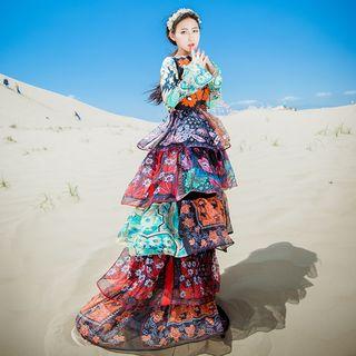 Long-sleeve Layered Printed Maxi Dress