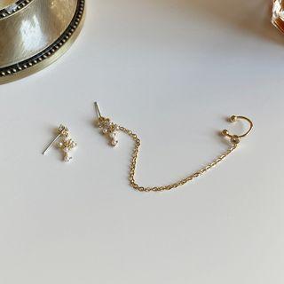 Non-matching Faux Pearl Cross Chained Earring 1 Pair - Non-matching - Gold - One Size