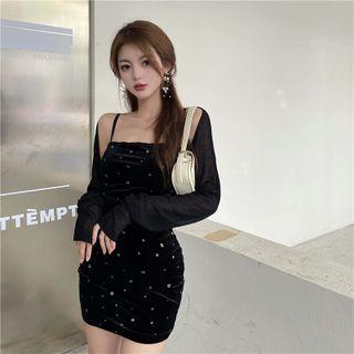 Strappy Velvet Sheath Dress / Cardigan