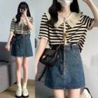 Short-sleeve Striped T-shirt / Denim Mini A-line Skirt / Set