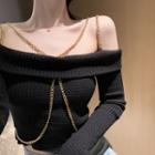Long-sleeve Off-shoulder Chain Knit Top